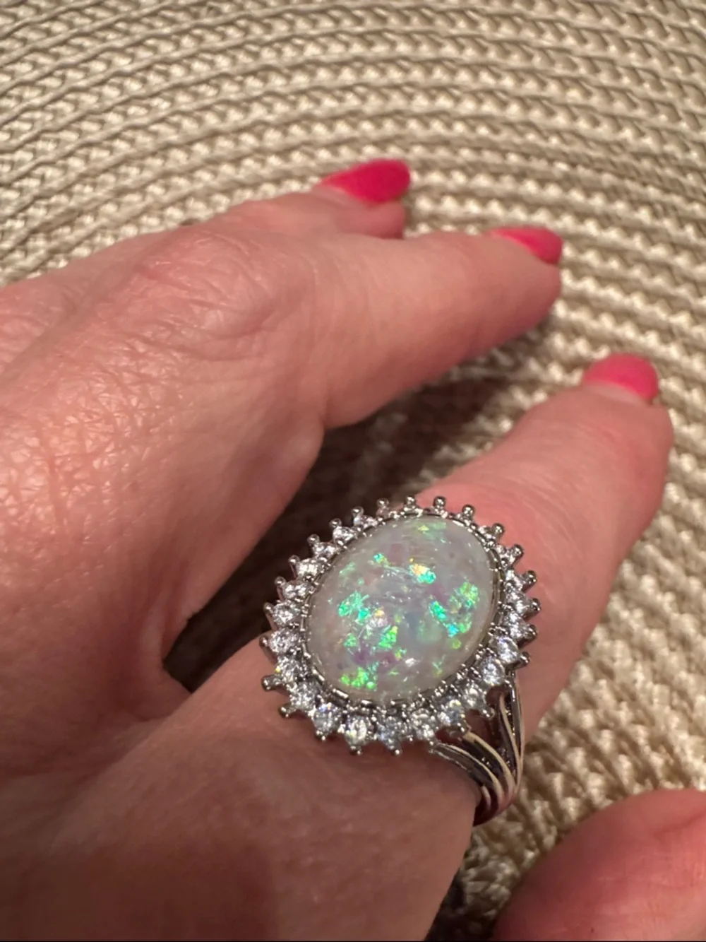 White Opal & Cubic Zirconia Halo Ring sz9 - Picture 2 of 4